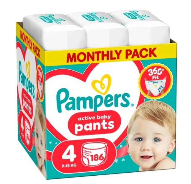 PAMPERS ACTIVE BABY MSB бебешки гащи размер 4 (9-15кг) 186 бр.